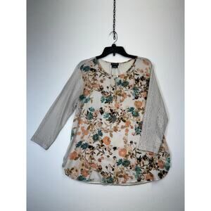 Van Huesen Blouse Women’s Large White Floral Long Sleeve 100% Polyester